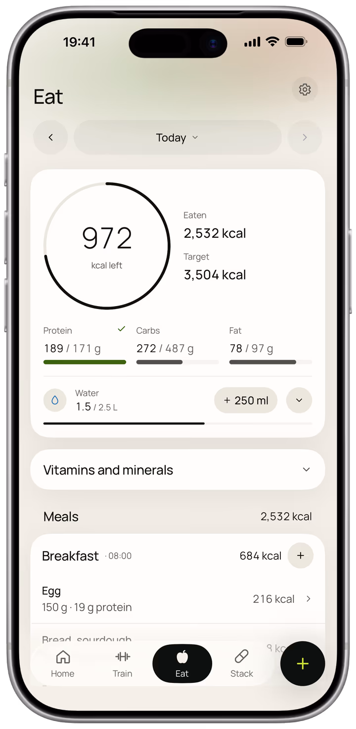 The nutrition screen, showing calories left in a ring, protein, carbs and fat against their targets, water, and the day's meals