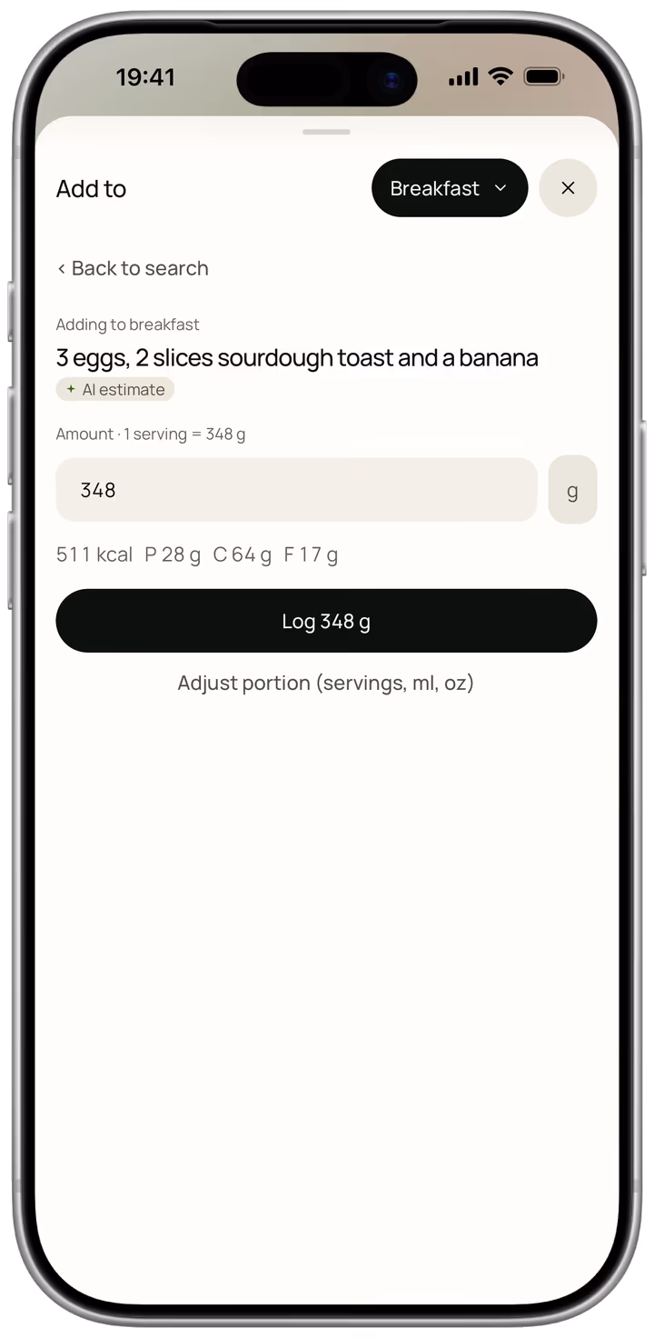 A meal typed in plain words, turned into an estimate of its weight, calories and macros that can be adjusted before it is logged