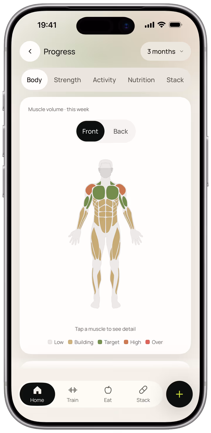 The body tab of progress, a front body map shading each muscle group by the training volume it has taken this week, with a low to over legend