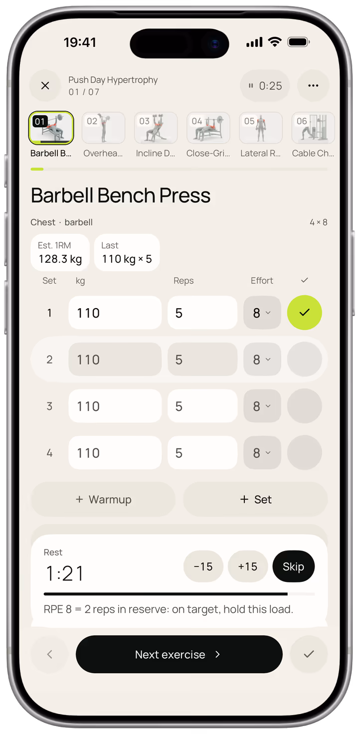 The live workout screen, logging a barbell bench press set by set with weight, reps and effort, an estimated one rep max and a rest timer