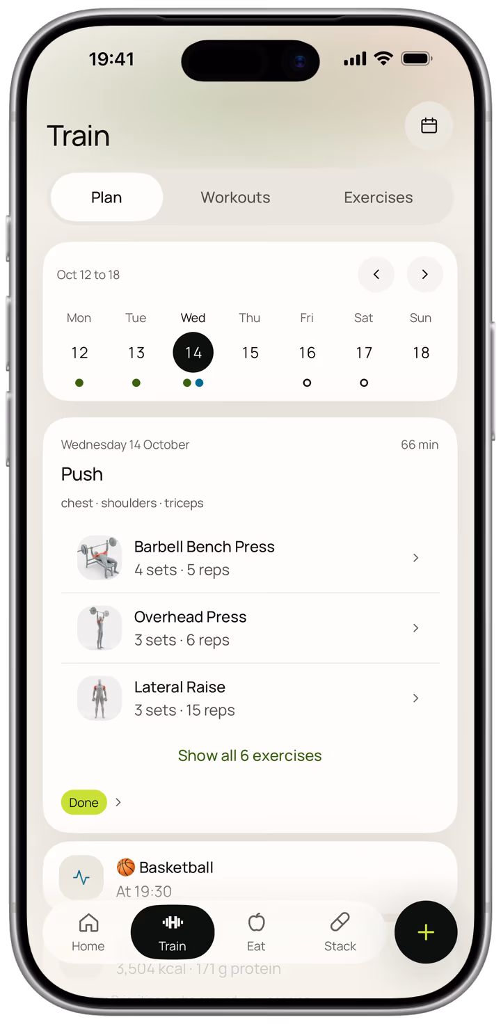 A generated training week, each day marked planned or completed, with today's Push session listing its exercises with their sets and reps