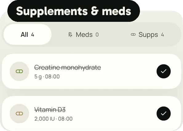 Supplements and meds: creatine and vitamin D3, both ticked off at their own time