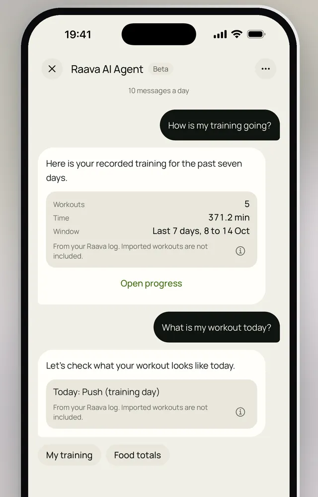 An example of Raava answering a question about seven days of recorded training