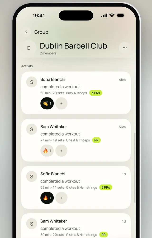 A group feed for a barbell club, with members' completed workouts listed with their sets and PRs