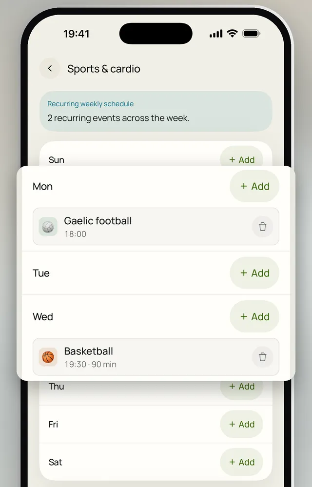 Sports and cardio, a weekly schedule with recurring Gaelic football and basketball sessions