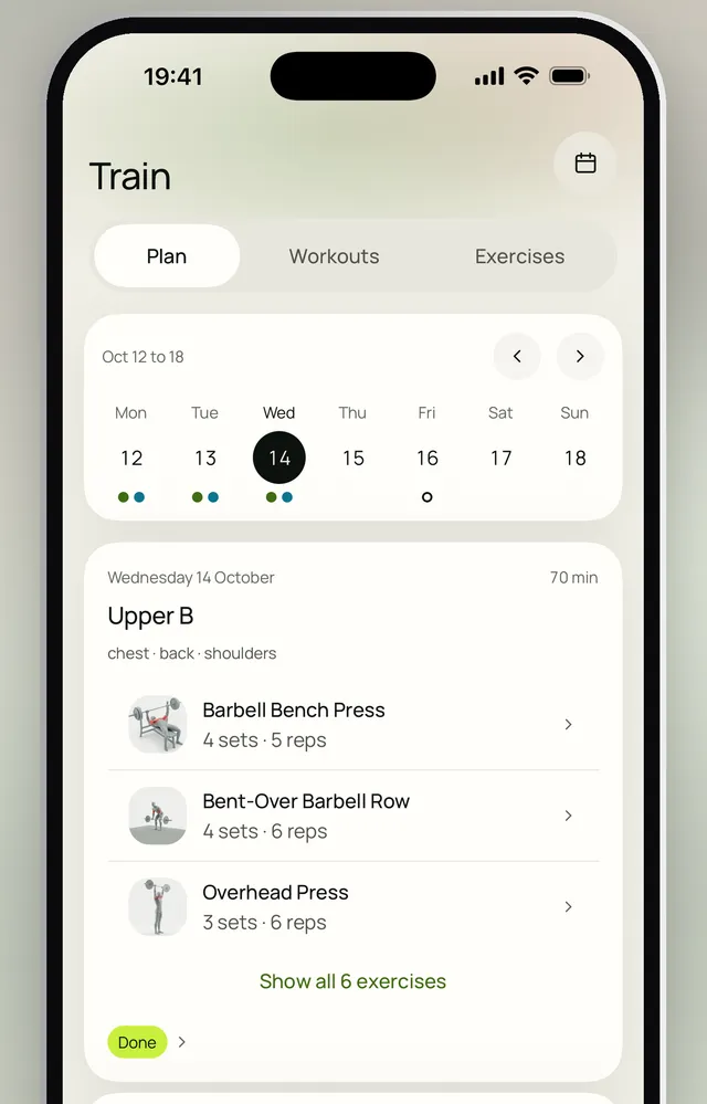 The Train tab with this week's plan and today's session, its exercises listed with their sets and reps
