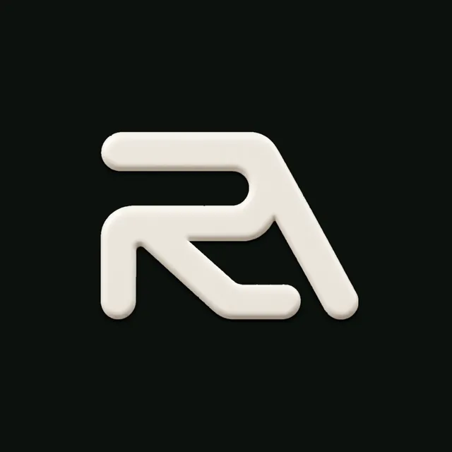 The Raava mark in three dimensions, cream on ink
